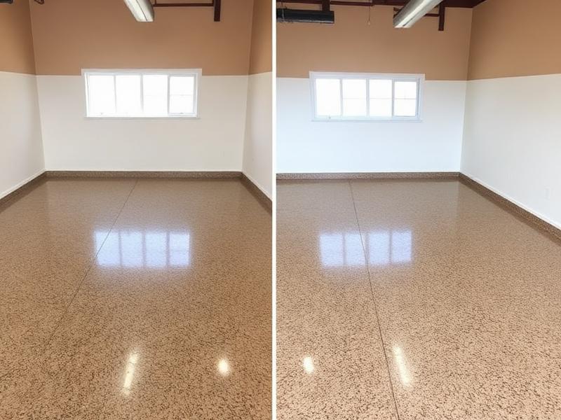 After — oil-stained workshop floor finished with tan flake epoxy